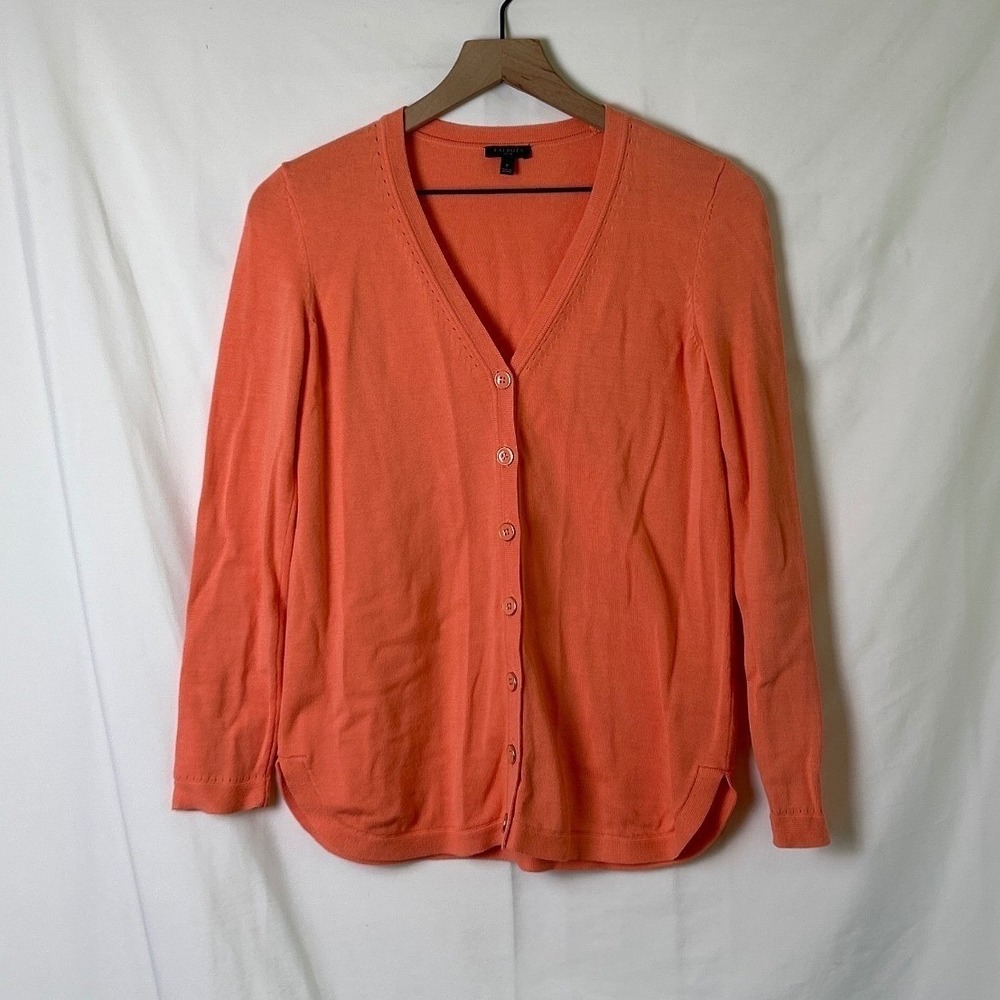 Talbots Women Petite V-Neck Button Front Curved Hem Cardigan Size S Coral Pink
